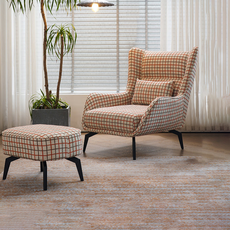 Fabric Lounge Chair Flared Arms Plaid Side Chair with Black Legs