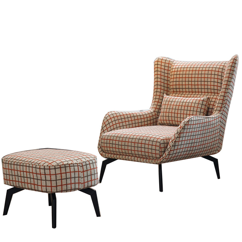 Fabric Lounge Chair Flared Arms Plaid Side Chair with Black Legs