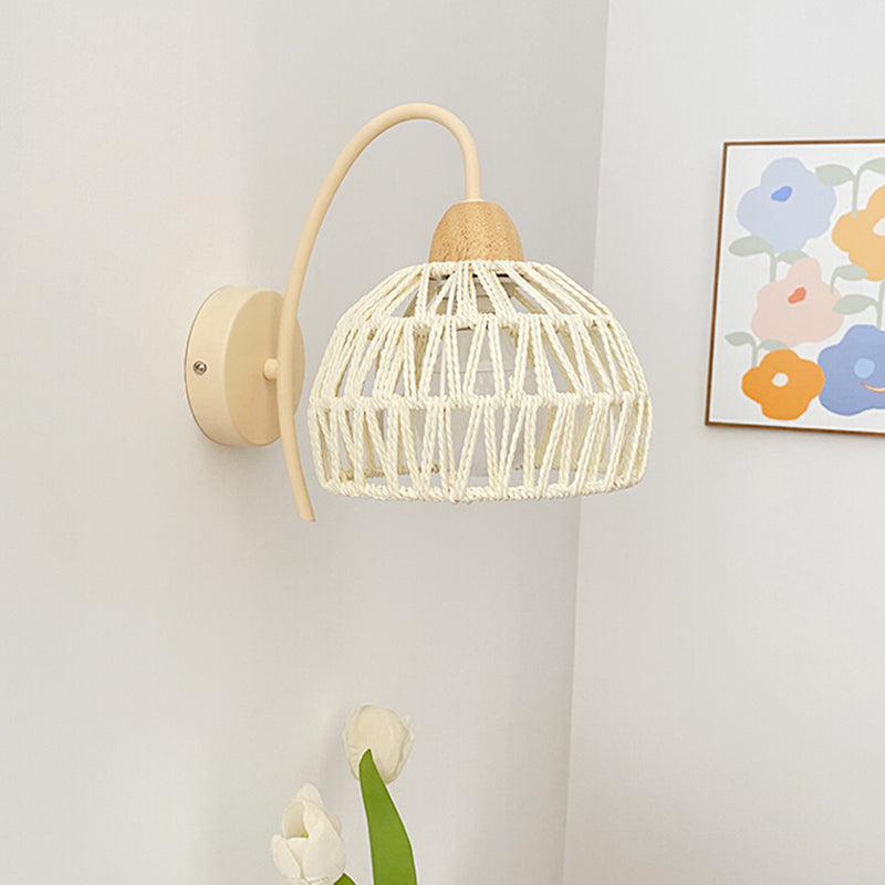Single Light Wood Wall Sconce Rattan Dome Shade Wall Lighting in White