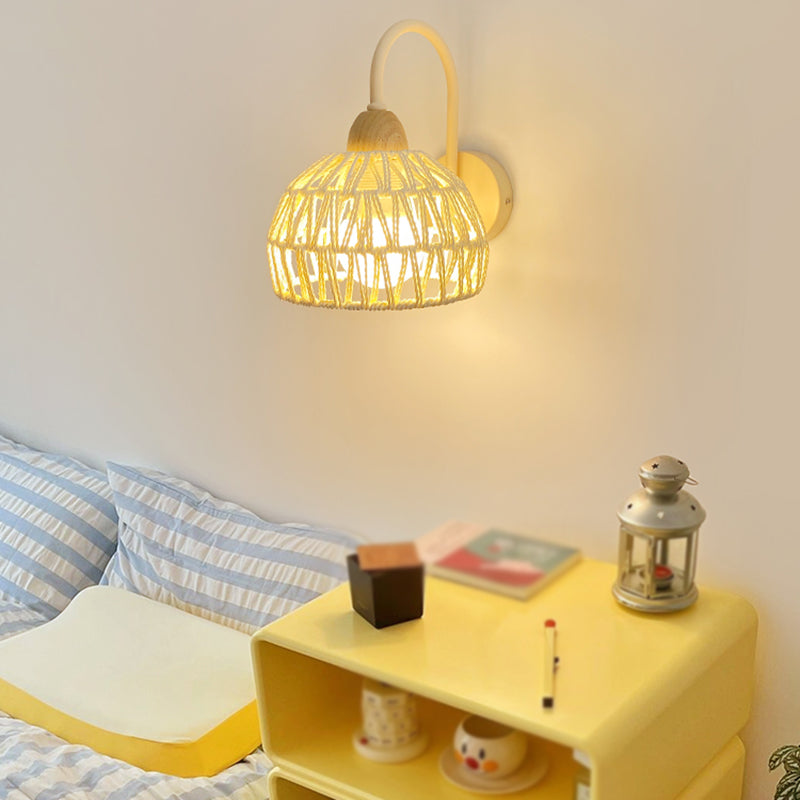Single Light Wood Wall Sconce Rattan Dome Shade Wall Lighting in White