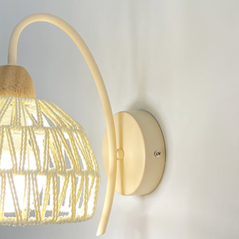 Single Light Wood Wall Sconce Rattan Dome Shade Wall Lighting in White