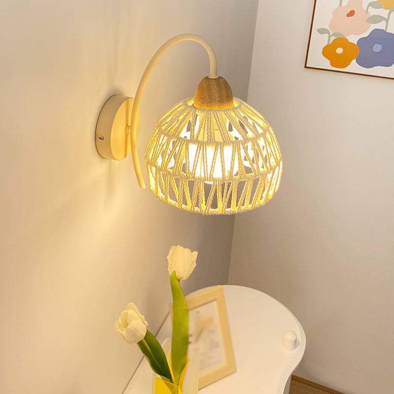 Single Light Wood Wall Sconce Rattan Dome Shade Wall Lighting in White