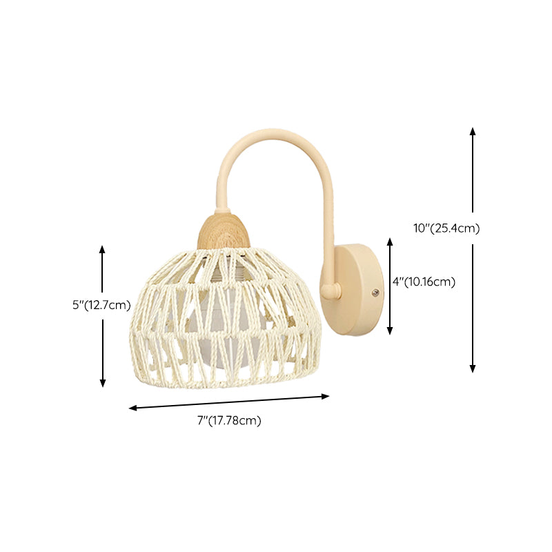 Single Light Wood Wall Sconce Rattan Dome Shade Wall Lighting in White