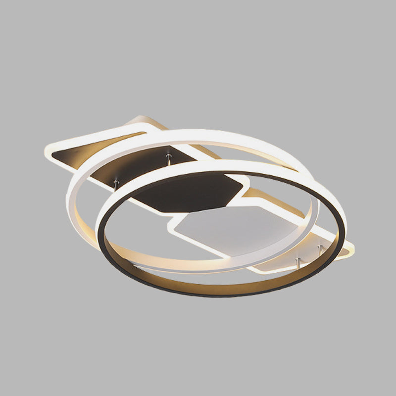 Modernistische 16"/19,5" breite LED-Deckenleuchte mit Acrylring und rechteckiger Unterputzmontage in Schwarz für Schlafzimmer