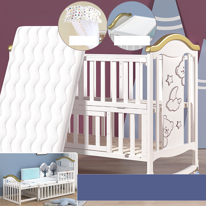 Modern Pine Wood Baby Crib with Casters and Mattress, White Upholstered Arched Crib