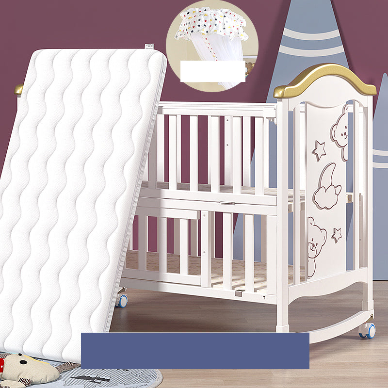 Modern Pine Wood Baby Crib with Casters and Mattress, White Upholstered Arched Crib