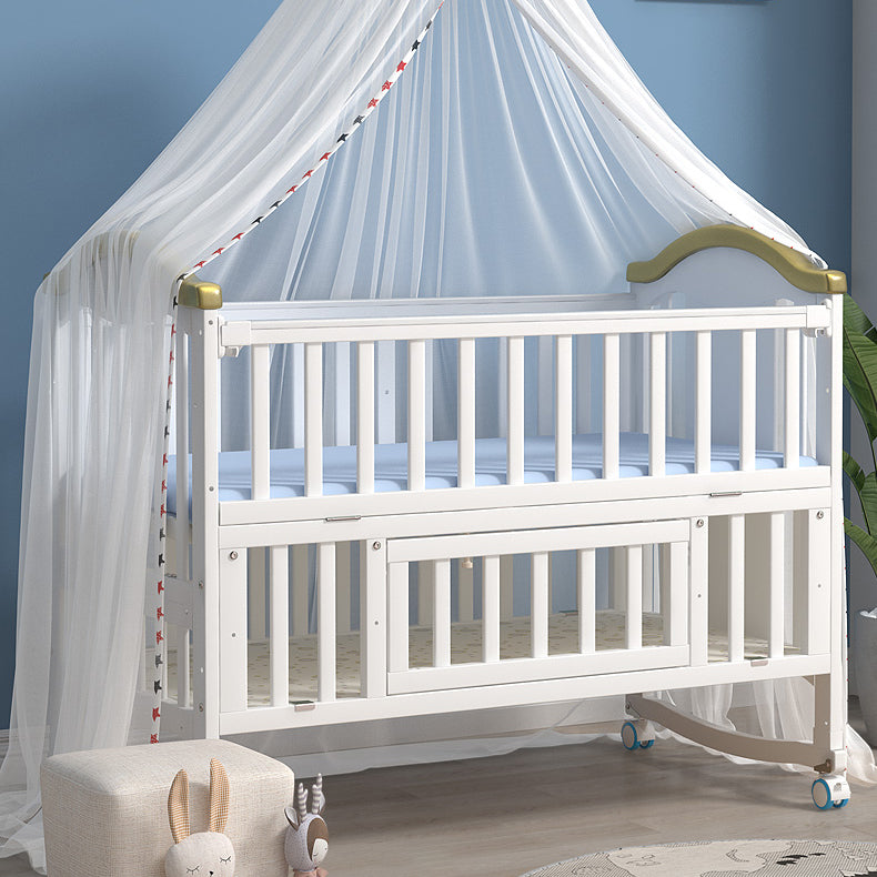 Modern Pine Wood Baby Crib with Casters and Mattress, White Upholstered Arched Crib