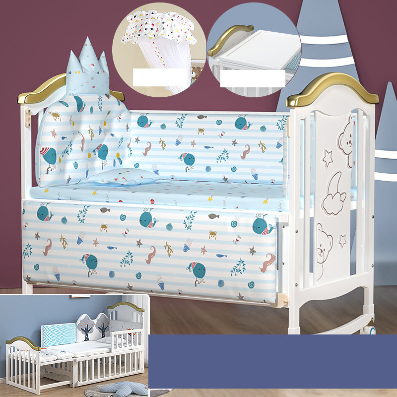 Modern Pine Wood Baby Crib with Casters and Mattress, White Upholstered Arched Crib