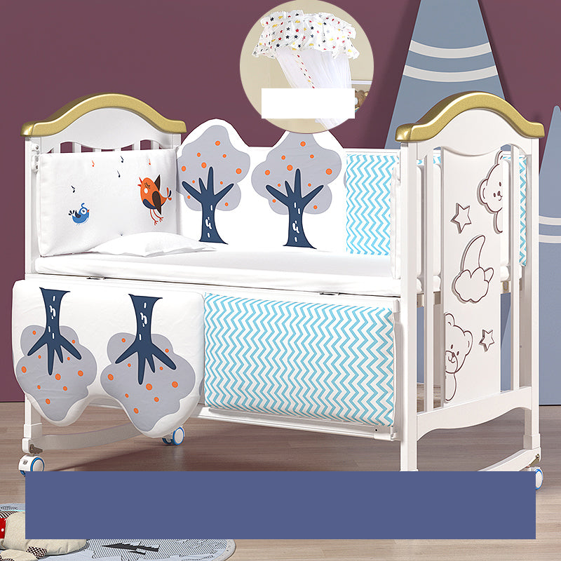 Modern Pine Wood Baby Crib with Casters and Mattress, White Upholstered Arched Crib