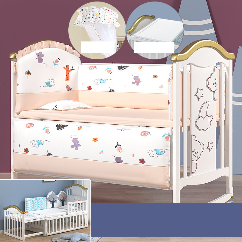 Modern Pine Wood Baby Crib with Casters and Mattress, White Upholstered Arched Crib