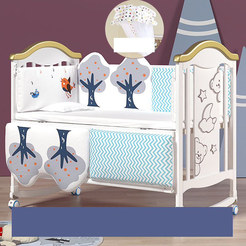 Modern Pine Wood Baby Crib with Casters and Mattress, White Upholstered Arched Crib