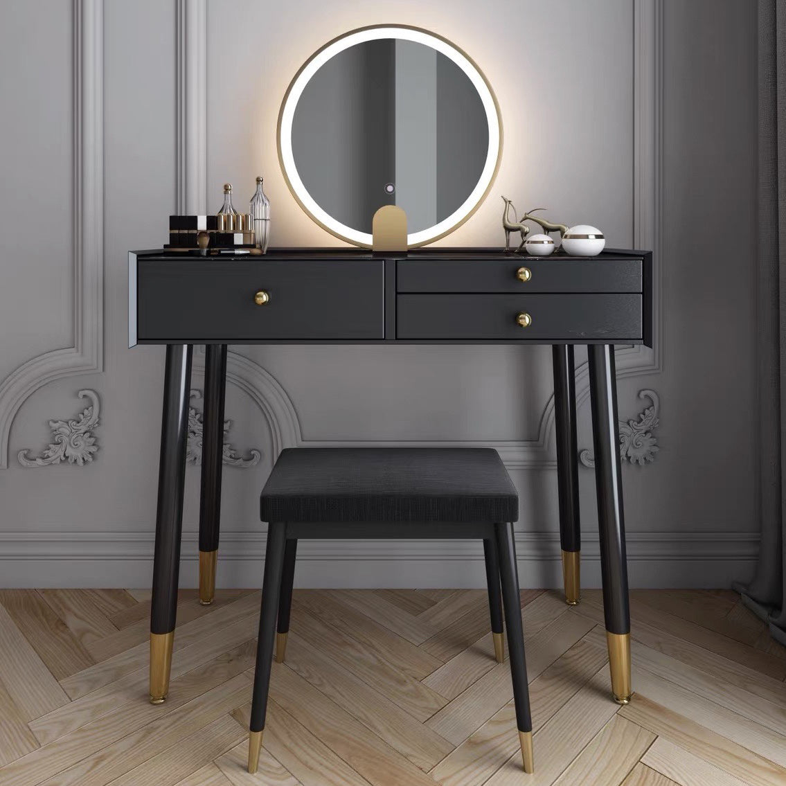 Scandinavian Lighted Mirror Makeup Vanity Desk in Wood Vanity Dressing Table Set