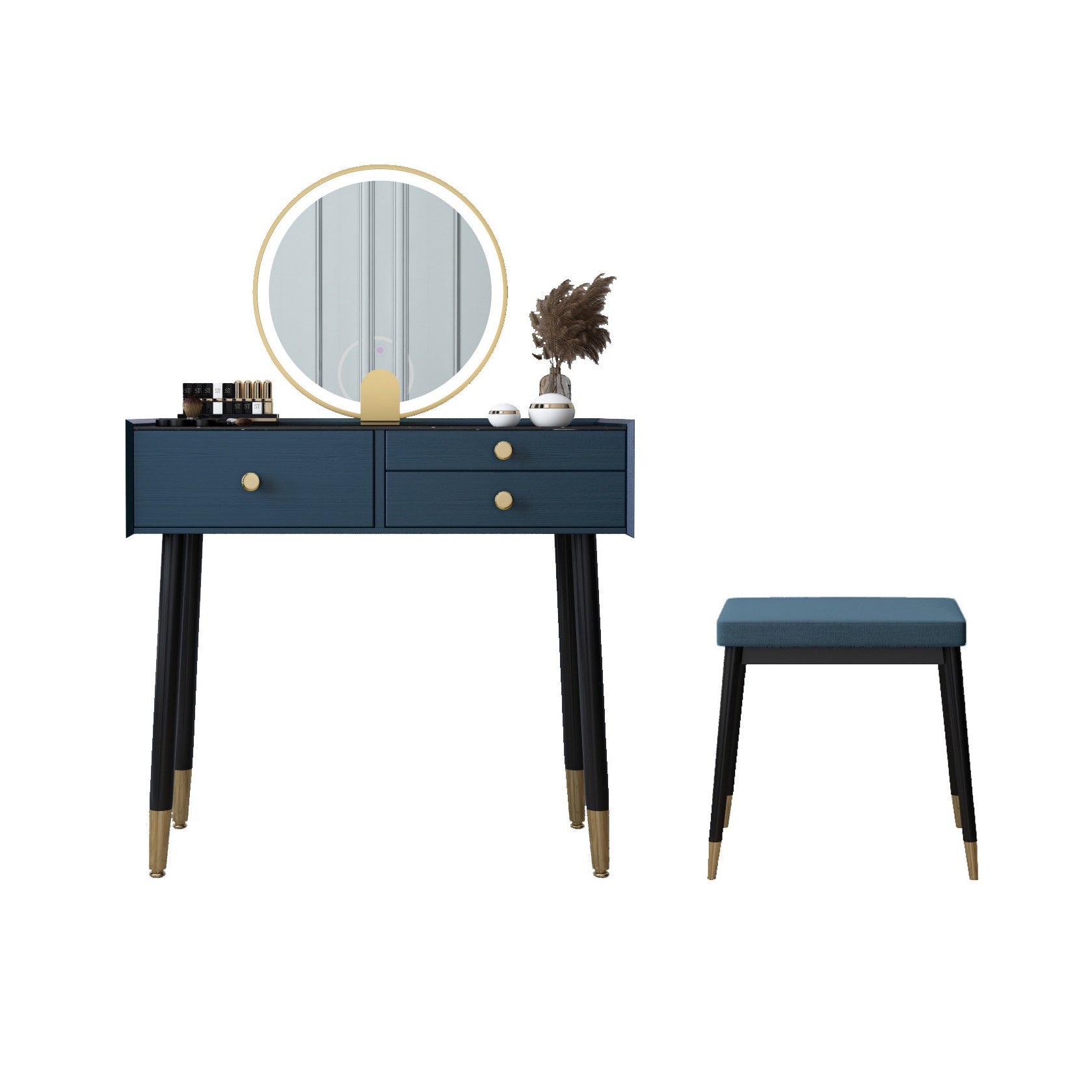 Scandinavian Lighted Mirror Makeup Vanity Desk in Wood Vanity Dressing Table Set