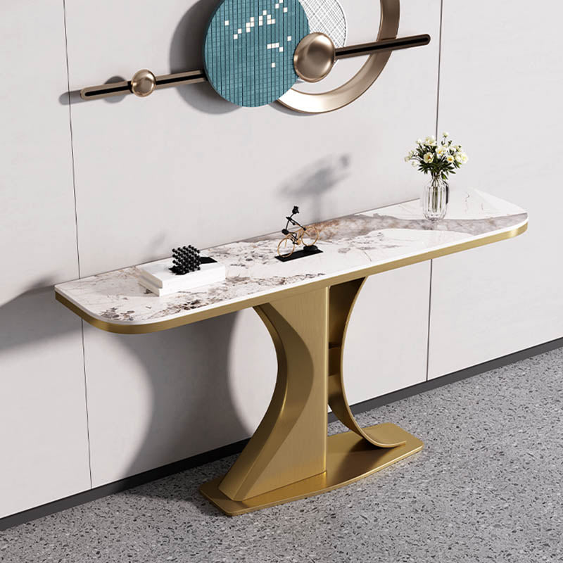 Modern Half Moon Console Table Stone Sofa Table in Gold/Grey