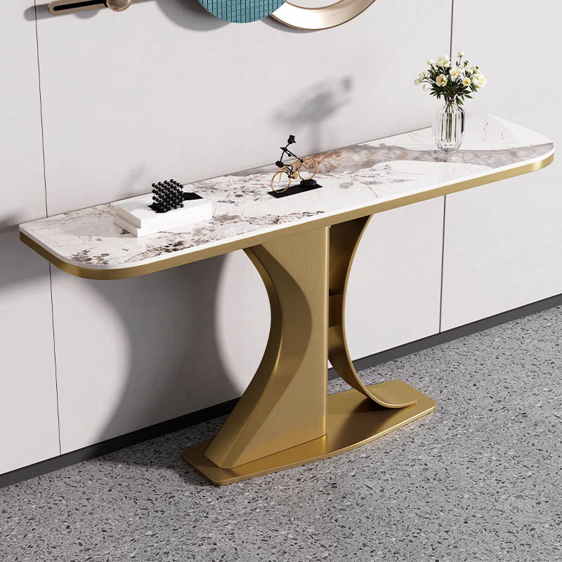 Modern Half Moon Console Table Stone Sofa Table in Gold/Grey