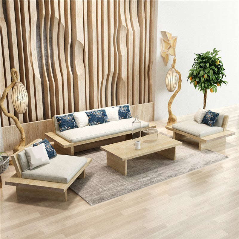 Tropical Solid Wood Frame Sofa Beige Linen Cushion Sofa with Pillows