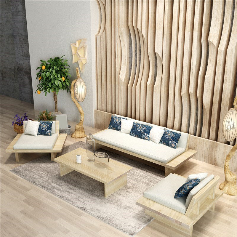 Tropical Solid Wood Frame Sofa Beige Linen Cushion Sofa with Pillows