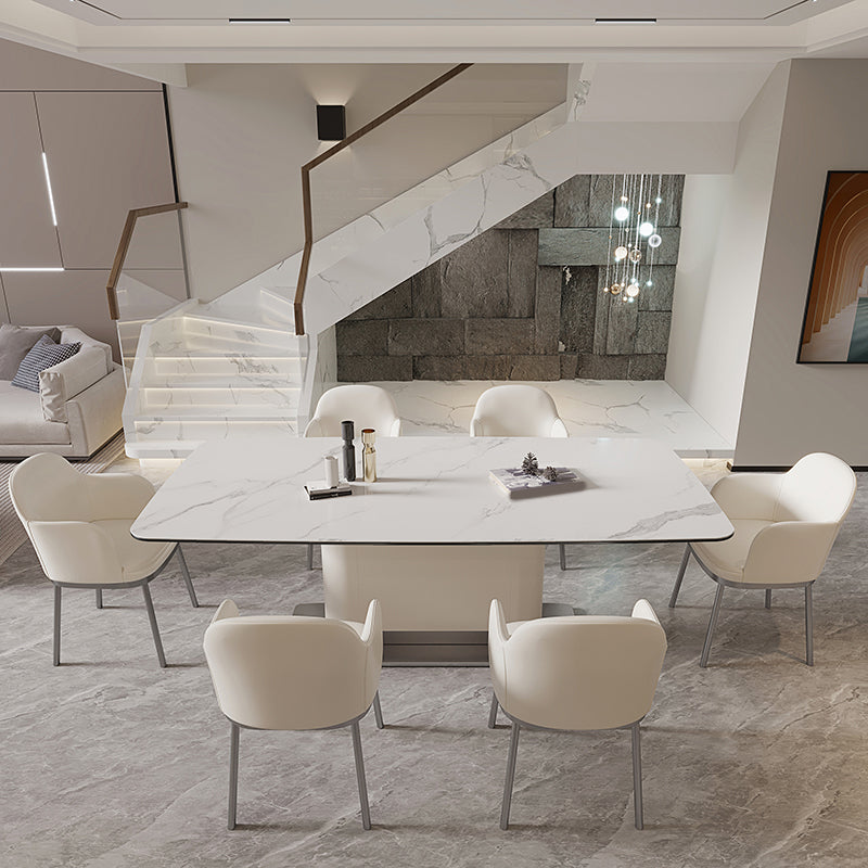 Contemporary White Stone Dining Set 1/4/7 Pieces Dining Table Set with Arm Chairs
