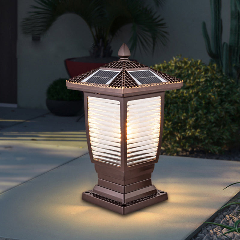 Contemporary Metal Pillar Lamp Pavilion Shape Outdoor Waterproof Light with Glass Shade