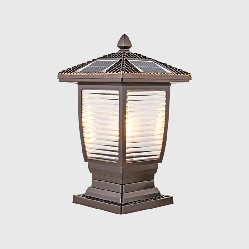 Contemporary Metal Pillar Lamp Pavilion Shape Outdoor Waterproof Light with Glass Shade