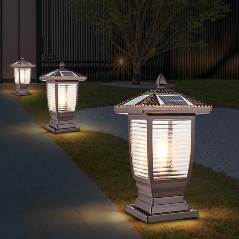 Contemporary Metal Pillar Lamp Pavilion Shape Outdoor Waterproof Light with Glass Shade