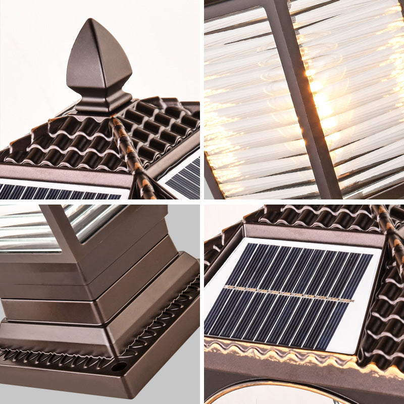 Contemporary Metal Pillar Lamp Pavilion Shape Outdoor Waterproof Light with Glass Shade