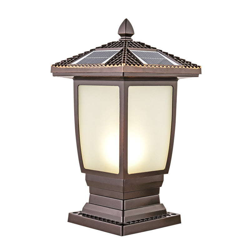 Contemporary Metal Pillar Lamp Pavilion Shape Outdoor Waterproof Light with Glass Shade