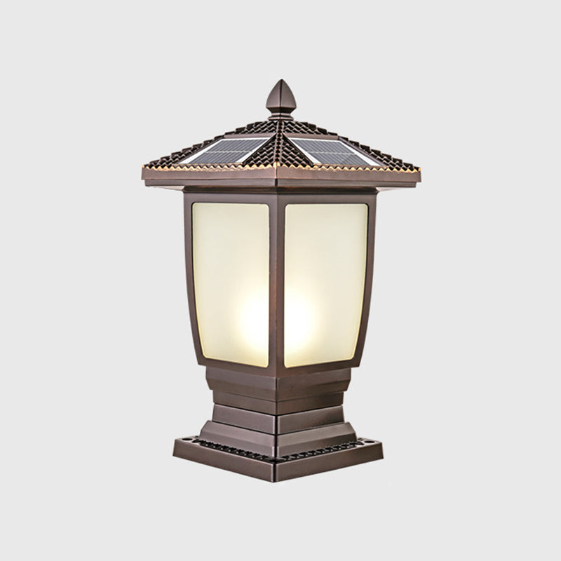 Contemporary Metal Pillar Lamp Pavilion Shape Outdoor Waterproof Light with Glass Shade