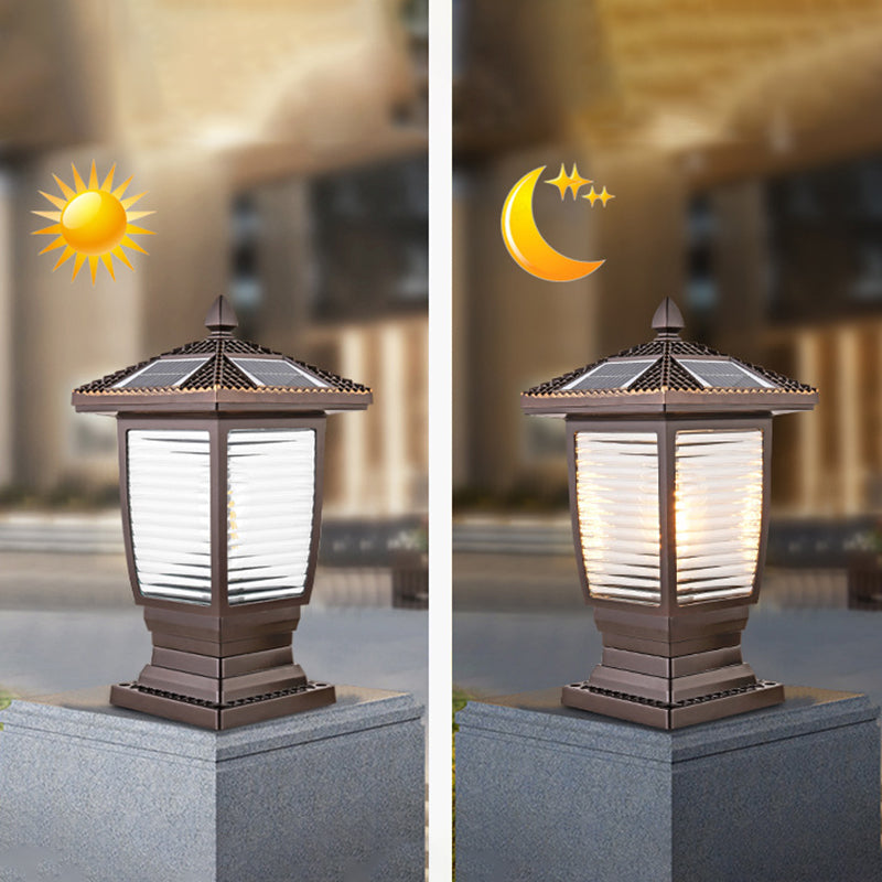 Contemporary Metal Pillar Lamp Pavilion Shape Outdoor Waterproof Light with Glass Shade