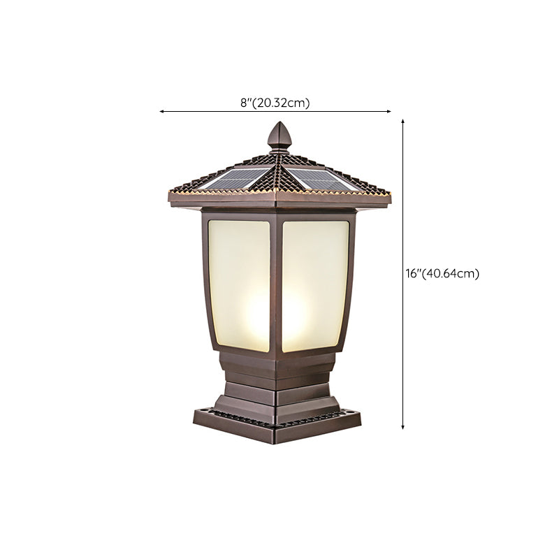 Contemporary Metal Pillar Lamp Pavilion Shape Outdoor Waterproof Light with Glass Shade