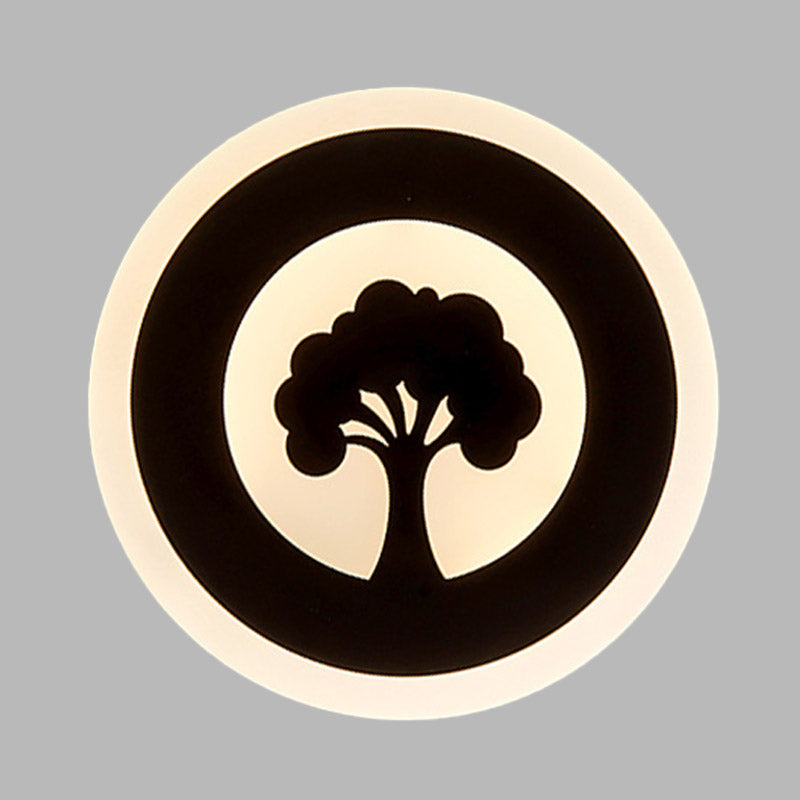 Acrylic Round Wall Lighting Modernism LED Flush Wall Sconce in Black with Tree Pattern, White/Warm Light