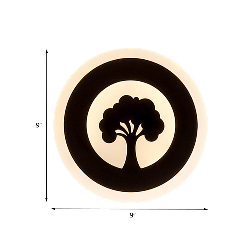 Acrylic Round Wall Lighting Modernism LED Flush Wall Sconce in Black with Tree Pattern, White/Warm Light