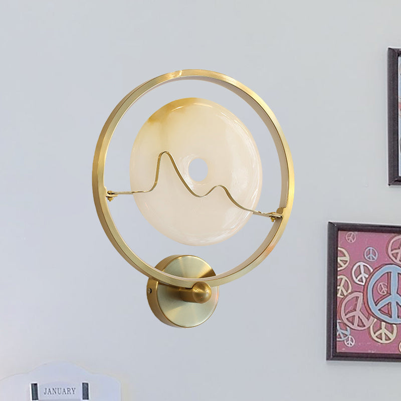 Contemporary Jade Clothing Sconce Lighting Stone LED Corridor Wall Mount Lamp with Gold Ring