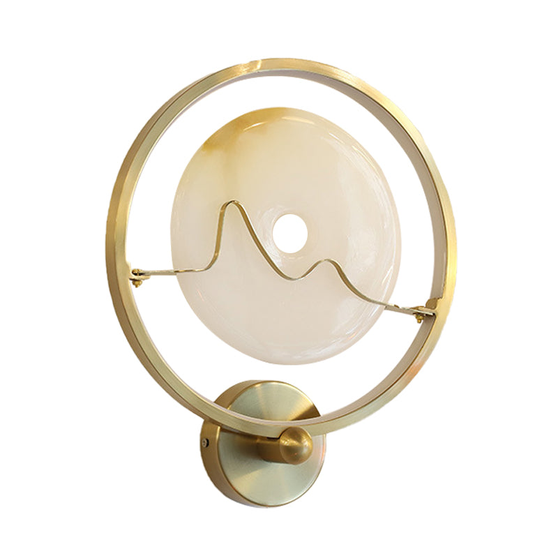 Contemporary Jade Clothing Sconce Lighting Stone LED Corridor Wall Mount Lamp with Gold Ring