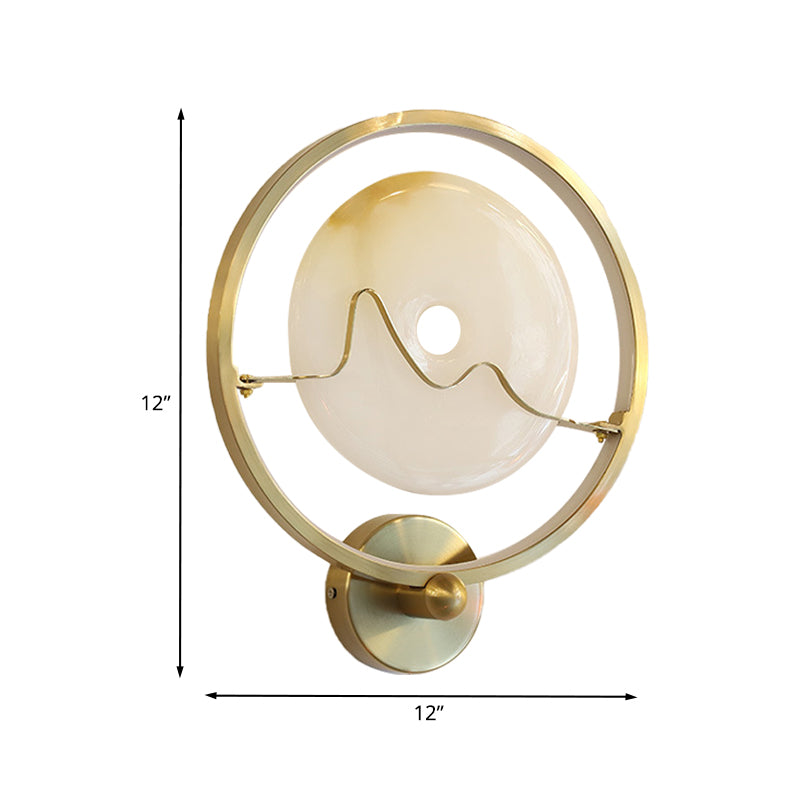 Contemporary Jade Clothing Sconce Lighting Stone LED Corridor Wall Mount Lamp with Gold Ring