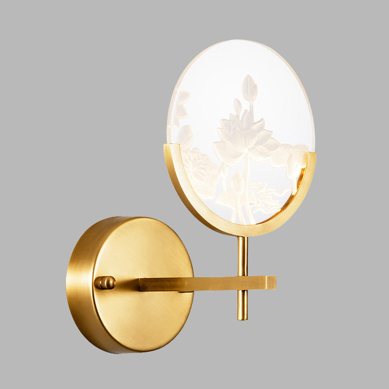 Gold Circle Panel Sconce Light Fixture Post Modern LED Acrylic Wall Lamp with Lotus Pattern in White/Warm Light