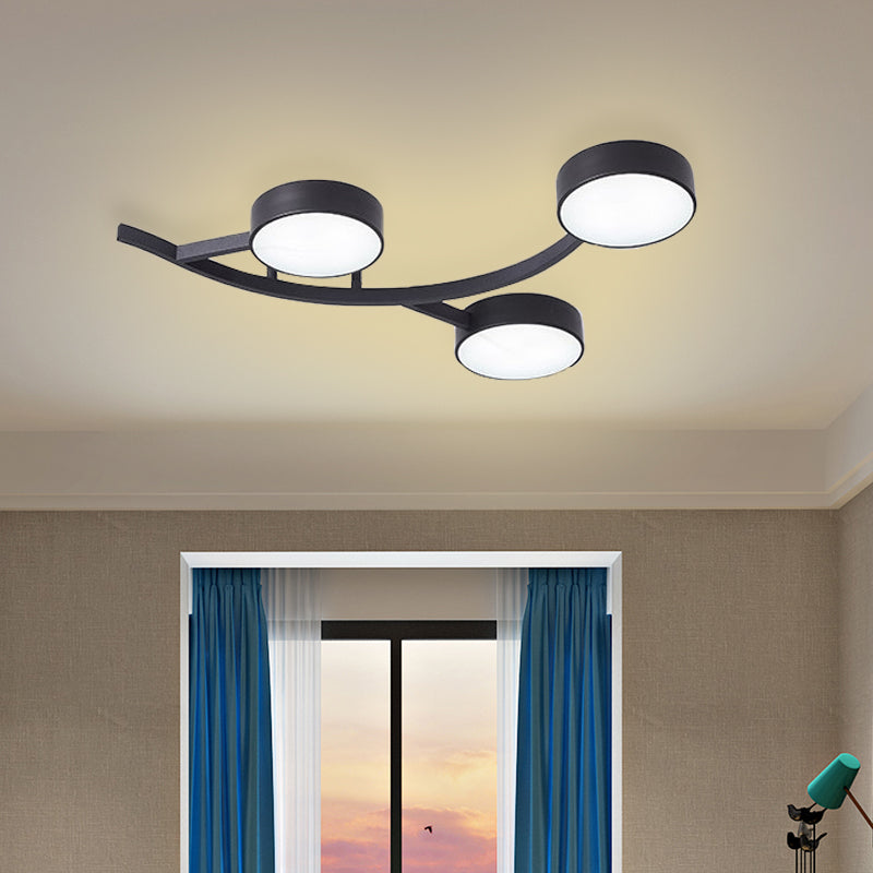 Metallic Small Drum Flush Mount Fixture Modernist LED Black Semi Ceiling Flush with Branch Design