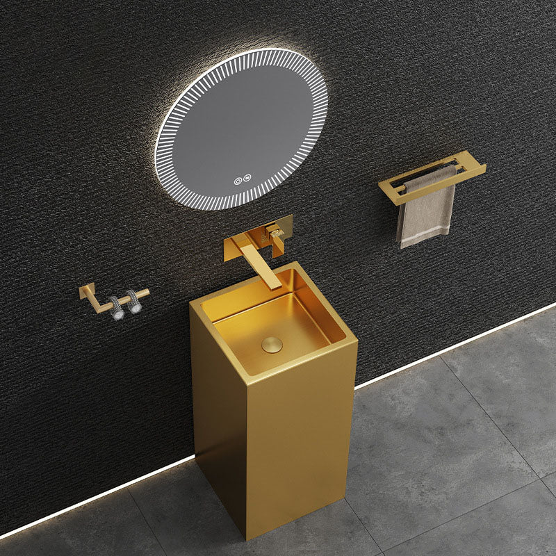 Contemporary Bathroom Sink with Pop-Up Drain Rectangular Metal Pedestal Bathroom Sink