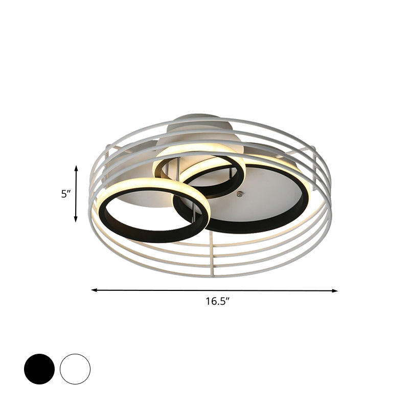 Rings Bedroom Flushmount Acrylic 16.5"/19.5" W LED Contemporary Flush Lamp in White/Black with Metal Cage, Warm/White Light