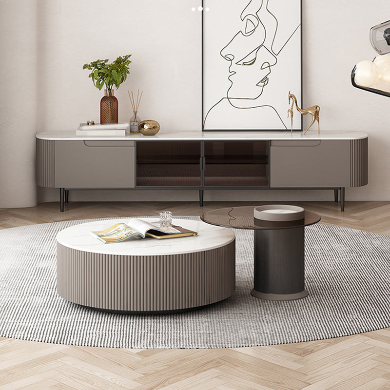 Round Slate Top Coffee Table Glam Drum Coffee Cocktail Table with Drawer