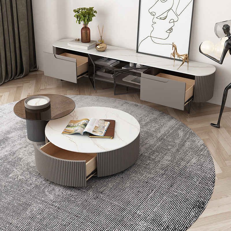 Round Slate Top Coffee Table Glam Drum Coffee Cocktail Table with Drawer