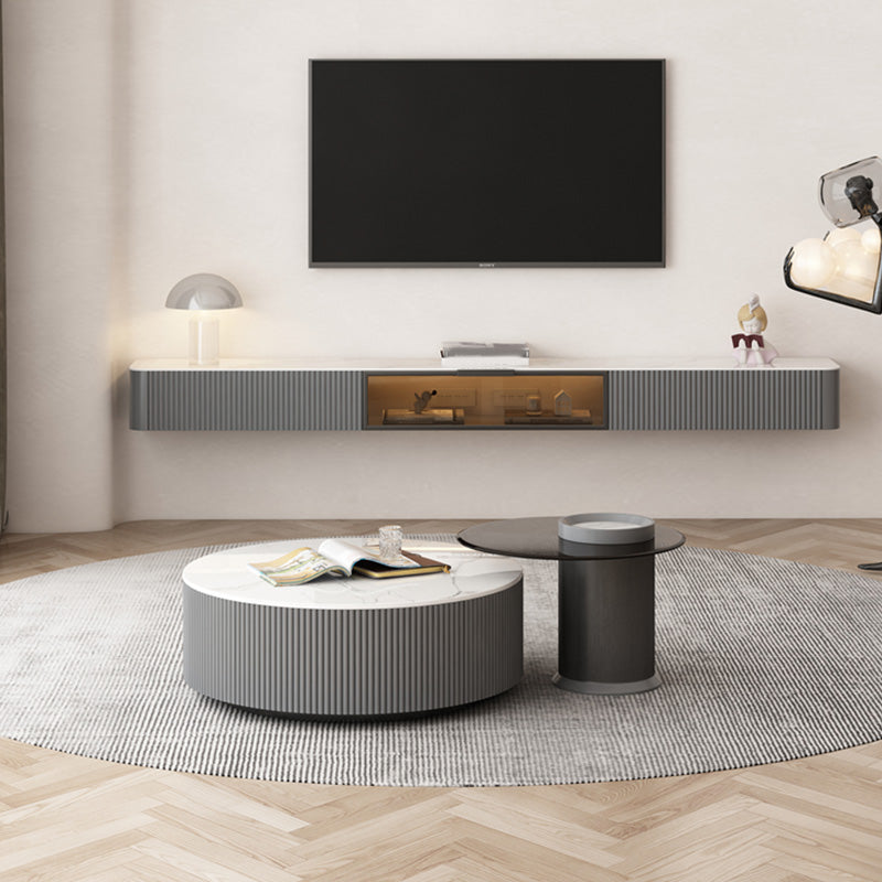 Round Slate Top Coffee Table Glam Drum Coffee Cocktail Table with Drawer