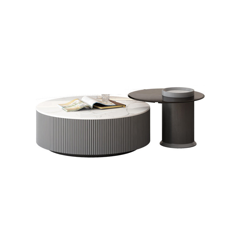 Round Slate Top Coffee Table Glam Drum Coffee Cocktail Table with Drawer