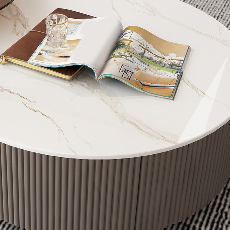 Round Slate Top Coffee Table Glam Drum Coffee Cocktail Table with Drawer