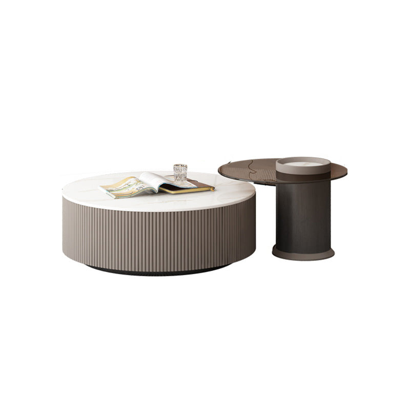 Round Slate Top Coffee Table Glam Drum Coffee Cocktail Table with Drawer
