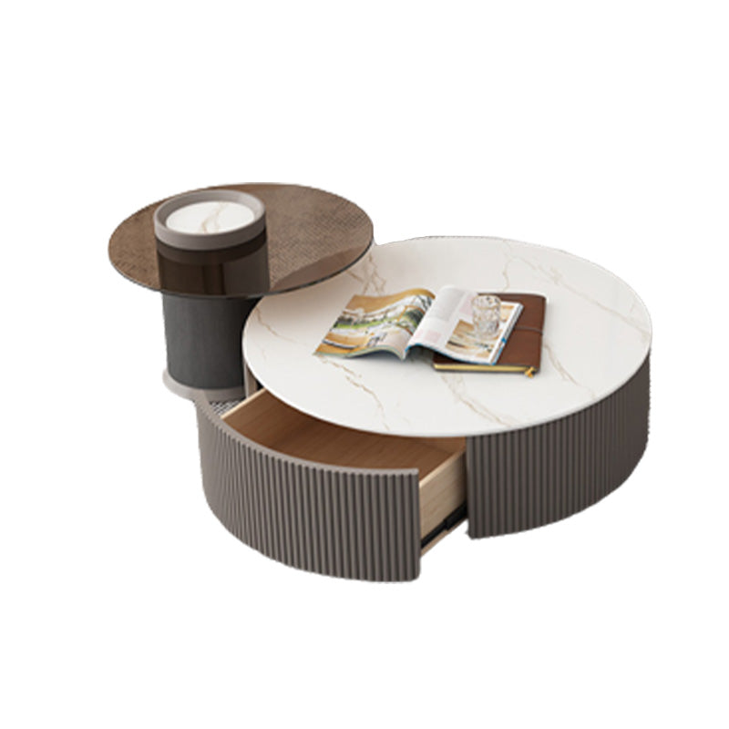Round Slate Top Coffee Table Glam Drum Coffee Cocktail Table with Drawer
