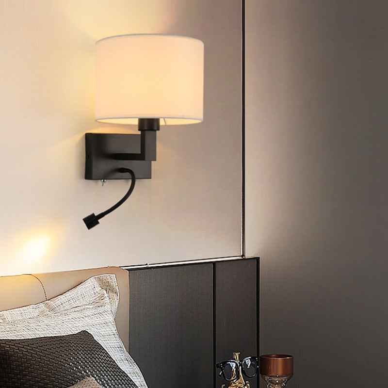 Modern Metal Wall Sconce Cylinder Shape Wall Light with Fabric Shade for Bedroom