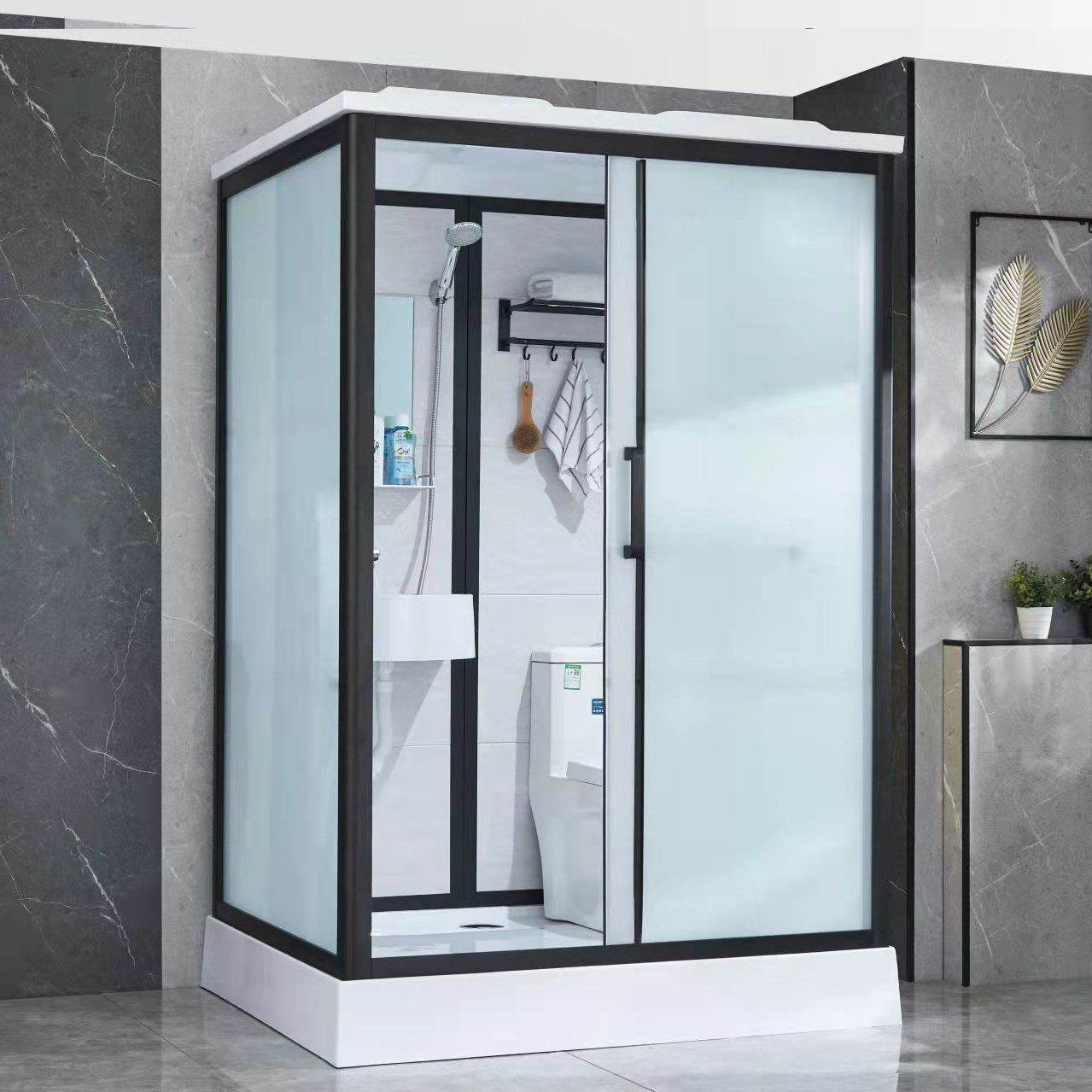 Framed Frosted Shower Kit Rectangle Matt Black Shower Stall with Base Included