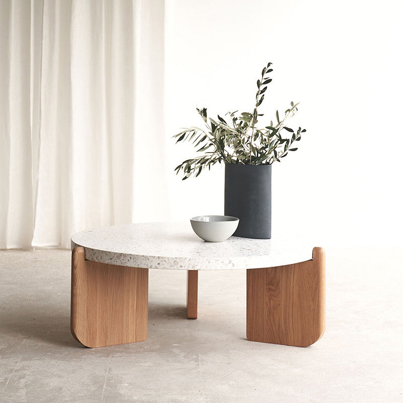 Round Terrazzo Coffee Table Minimalist Wooden 3 Legs Cocktail Table