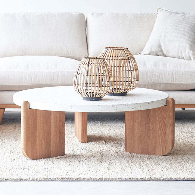 Round Terrazzo Coffee Table Minimalist Wooden 3 Legs Cocktail Table